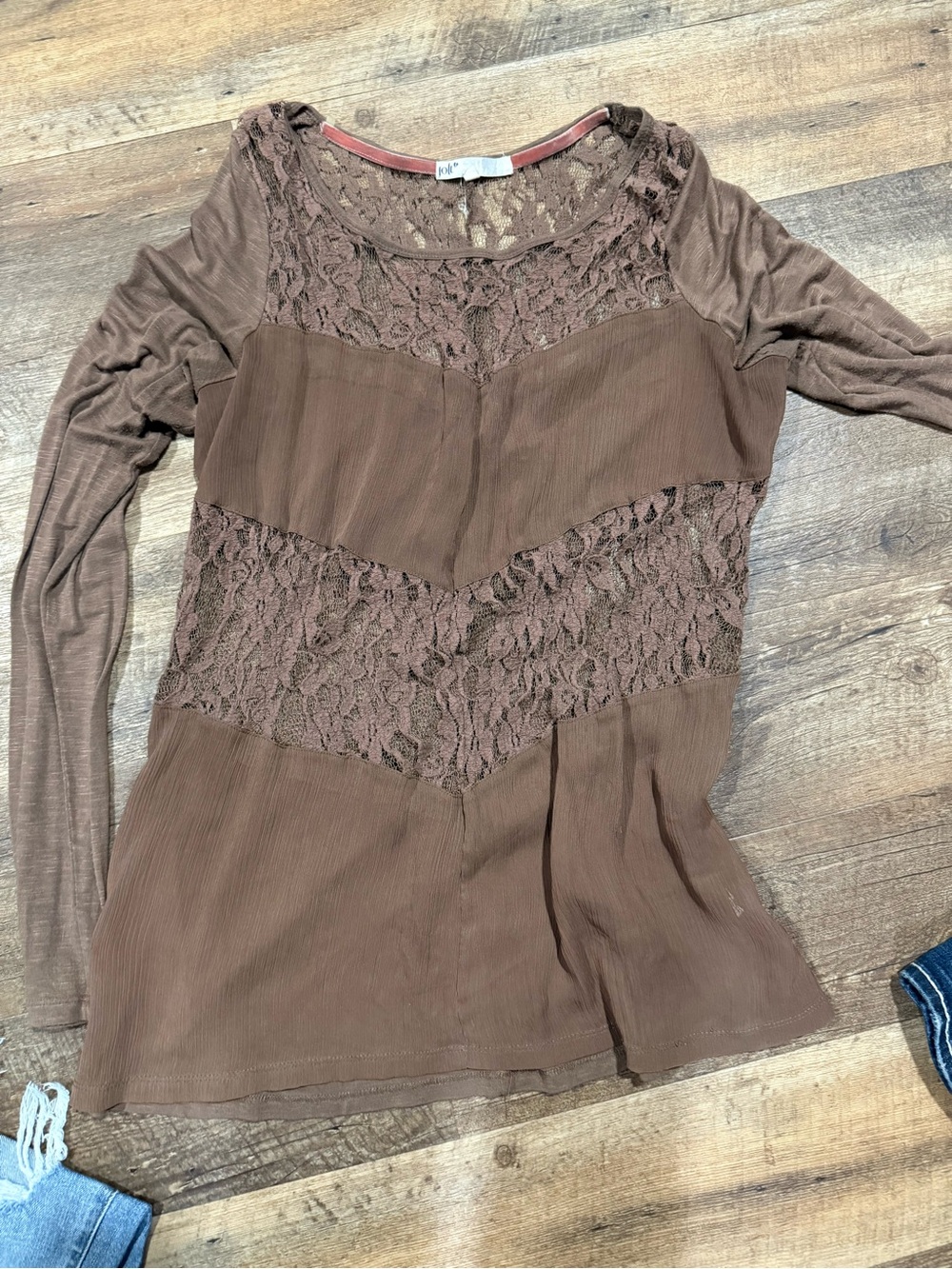 Jolt Brown Lace-Inset Long Sleeve Blouse